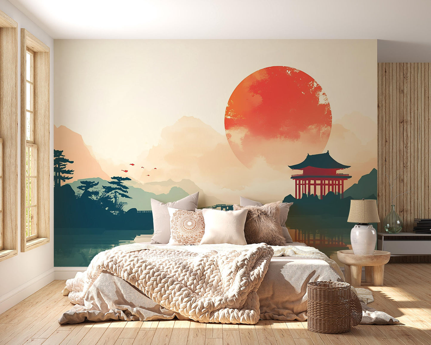 Japanese Sunset Wall Mural – Serene Oriental Landscape, Pagoda Art, Minimalist Zen Decor for Bedroom or Living Room Vn497