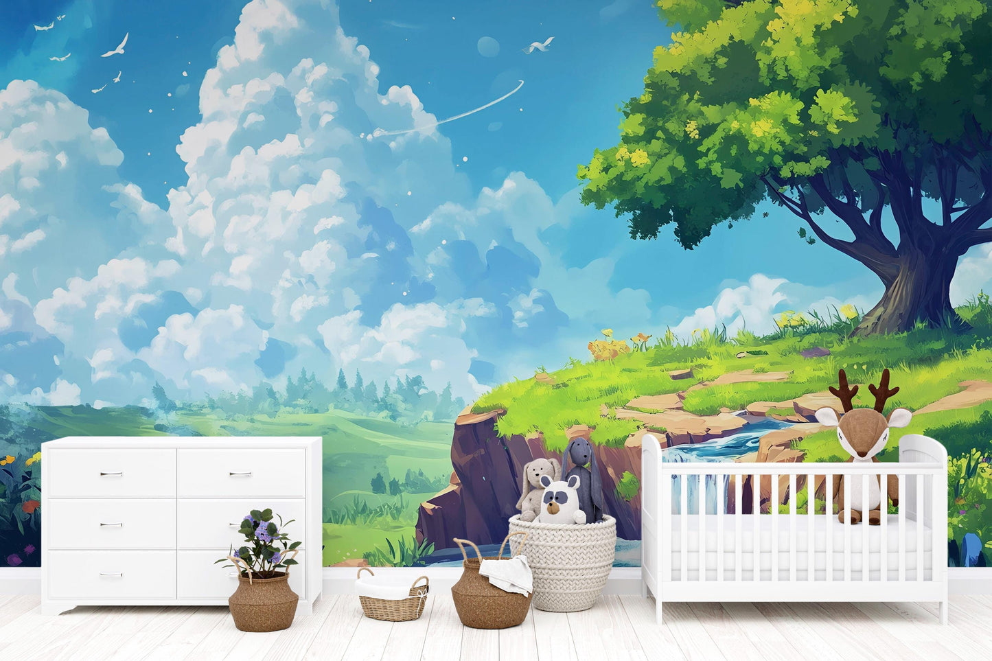 Whimsical Nature Nursery Wall Mural – Forest Tree Landscape Wallpaper – Baby Room Wall Decor – Crib Backdrop Vn704