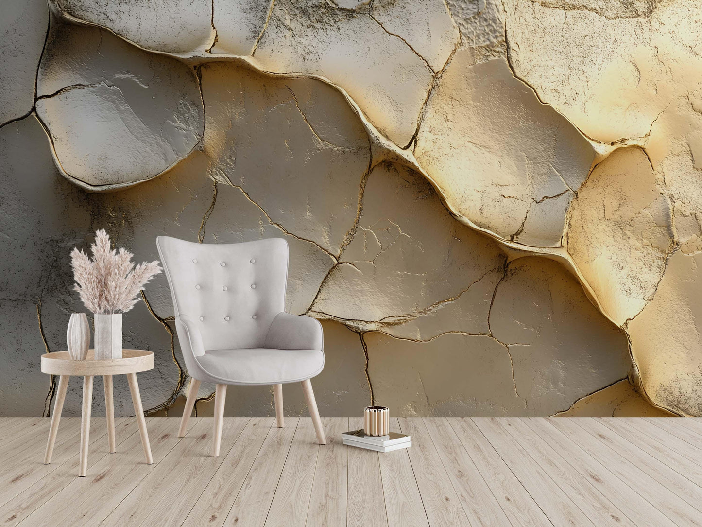 3D Cracked Earth Wall Mural | Textured Desert Dried Mud Wallpaper | Modern Neutral Gold Beige Accent Wall Decor Vn744