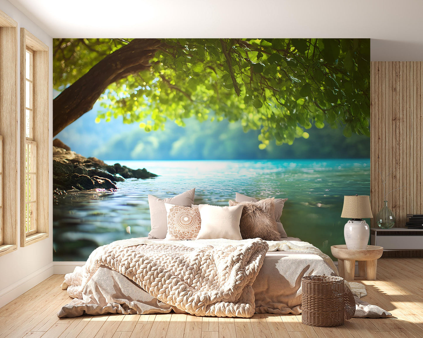 Tranquil Lake View Wall Mural – Nature Bedroom Wallpaper – Serene Tree & Water Scene – Large Scenic Peel and Stick Mural Vn493