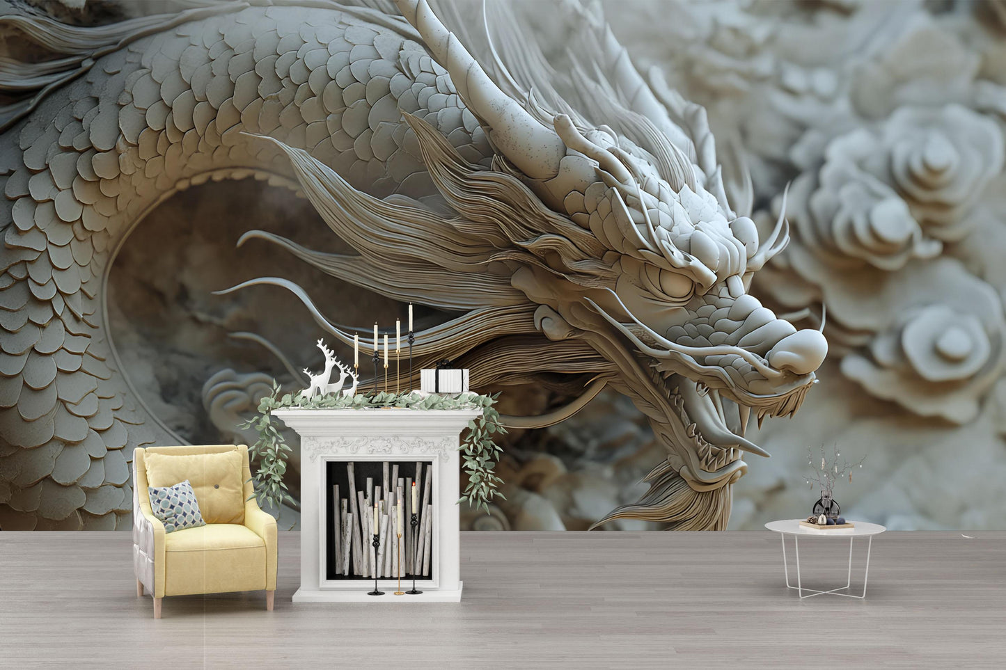 3D Asian Dragon Wall Mural | Mythical Beast Wallpaper | Serene Zen Home Decor | Fantasy Oriental Dragon Art Print Vn594