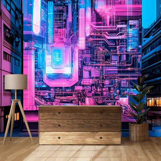 Futuristic Cityscape Wall Art - Neon Circuit Mural, Sci-Fi Astronaut Decor Vn195