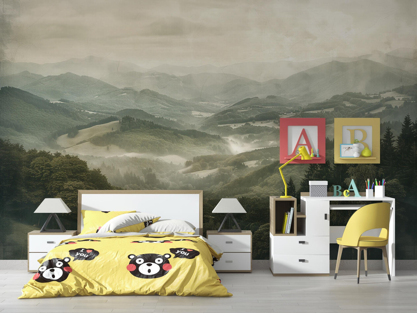 Forest Valley Wall Mural – Misty Mountain Landscape Wallpaper for Living Room or Kids Room Vn1056
