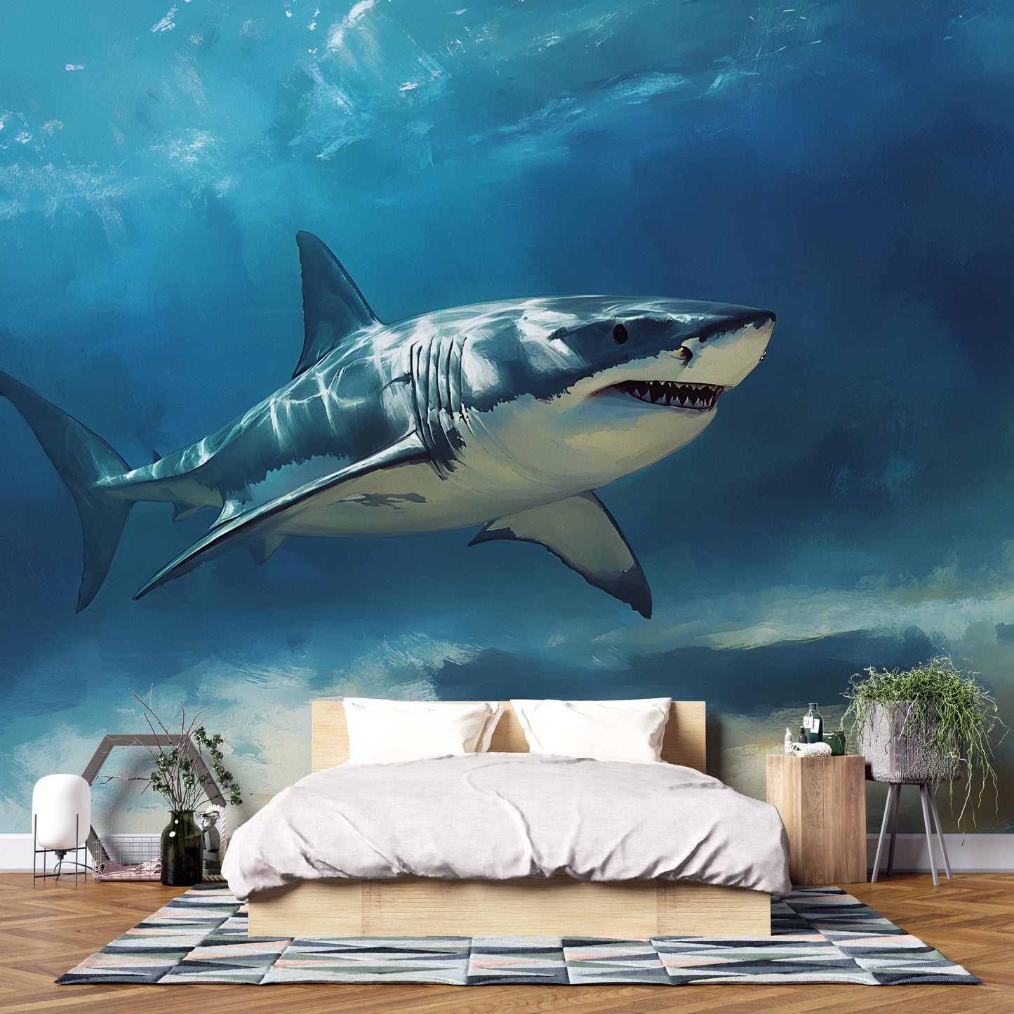 Shark Wall Mural for Bedroom – Ocean Underwater Theme – Great White Shark Art Wallpaper – Cool Boys Room Decor – Large Sea Life Mural Vn387