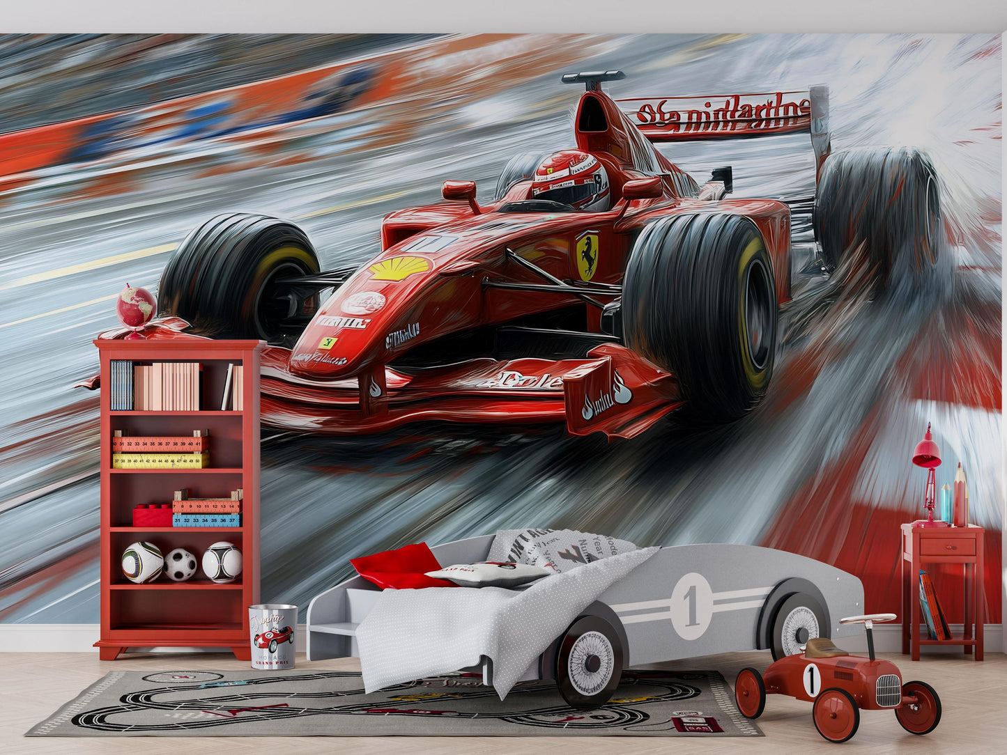 Ferrari Formula 1 Wall Mural – Red Racing Car Wallpaper for Boys Bedroom & Gamer Room Vn876