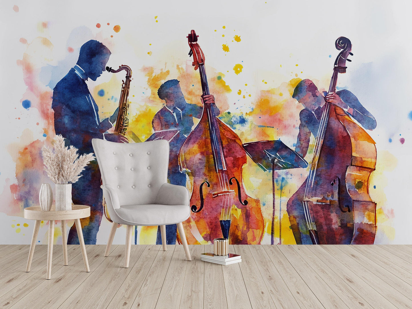 Jazz Band Wall Mural | Watercolor Music Art | Saxophone & Bass Silhouette Vn523