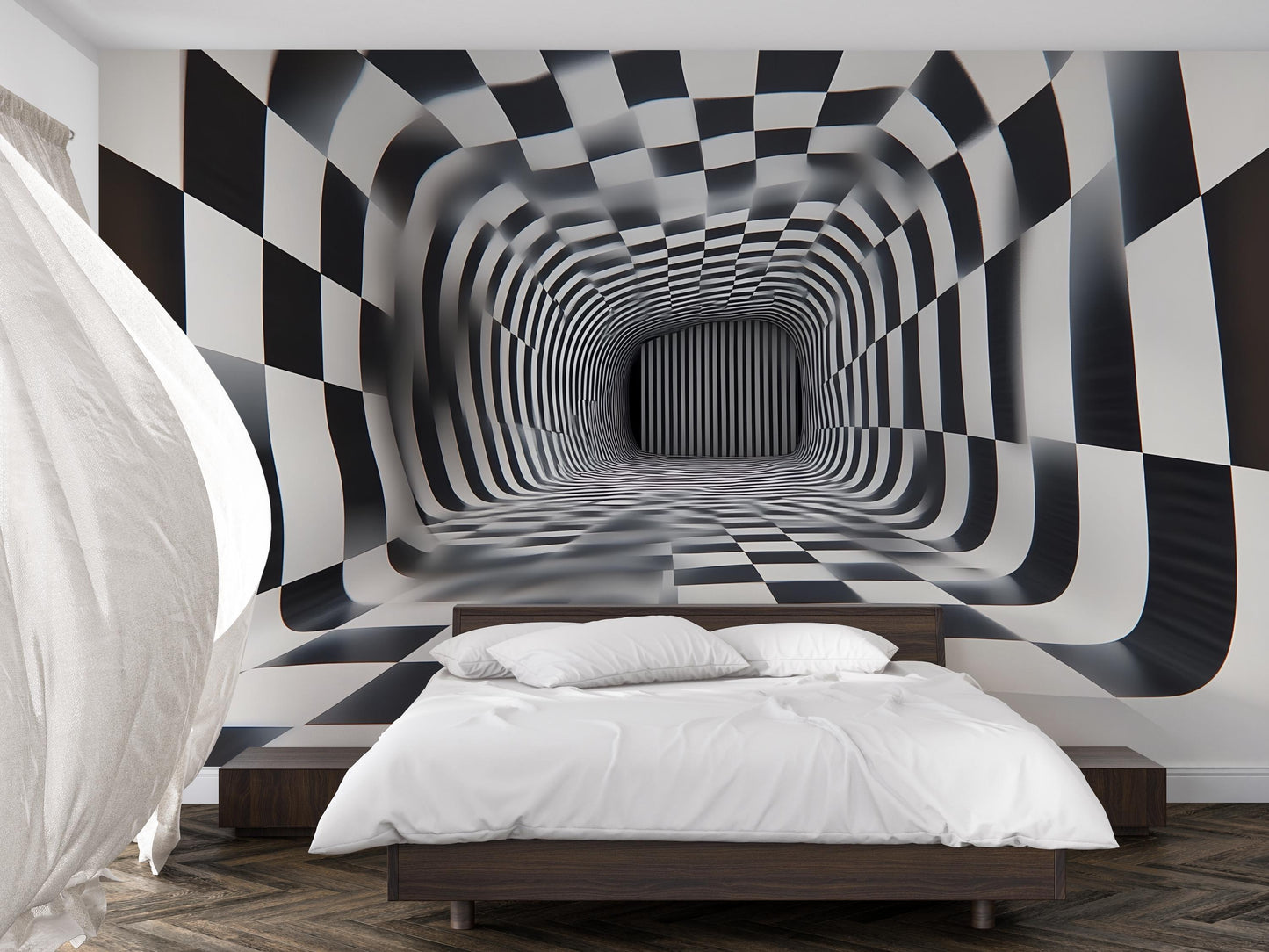 3D Optical Illusion Wall Mural – Black White Tunnel Wallpaper Vn907