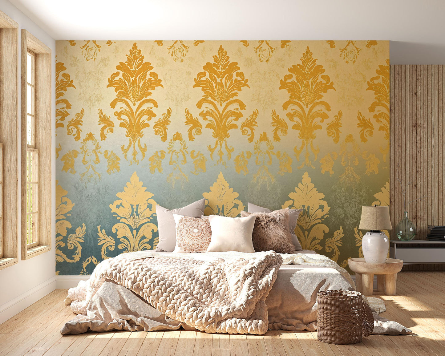 Luxury Damask Wallpaper – Gold & Sage Gradient Wall Mural for Elegant Bedroom Décor Vn633