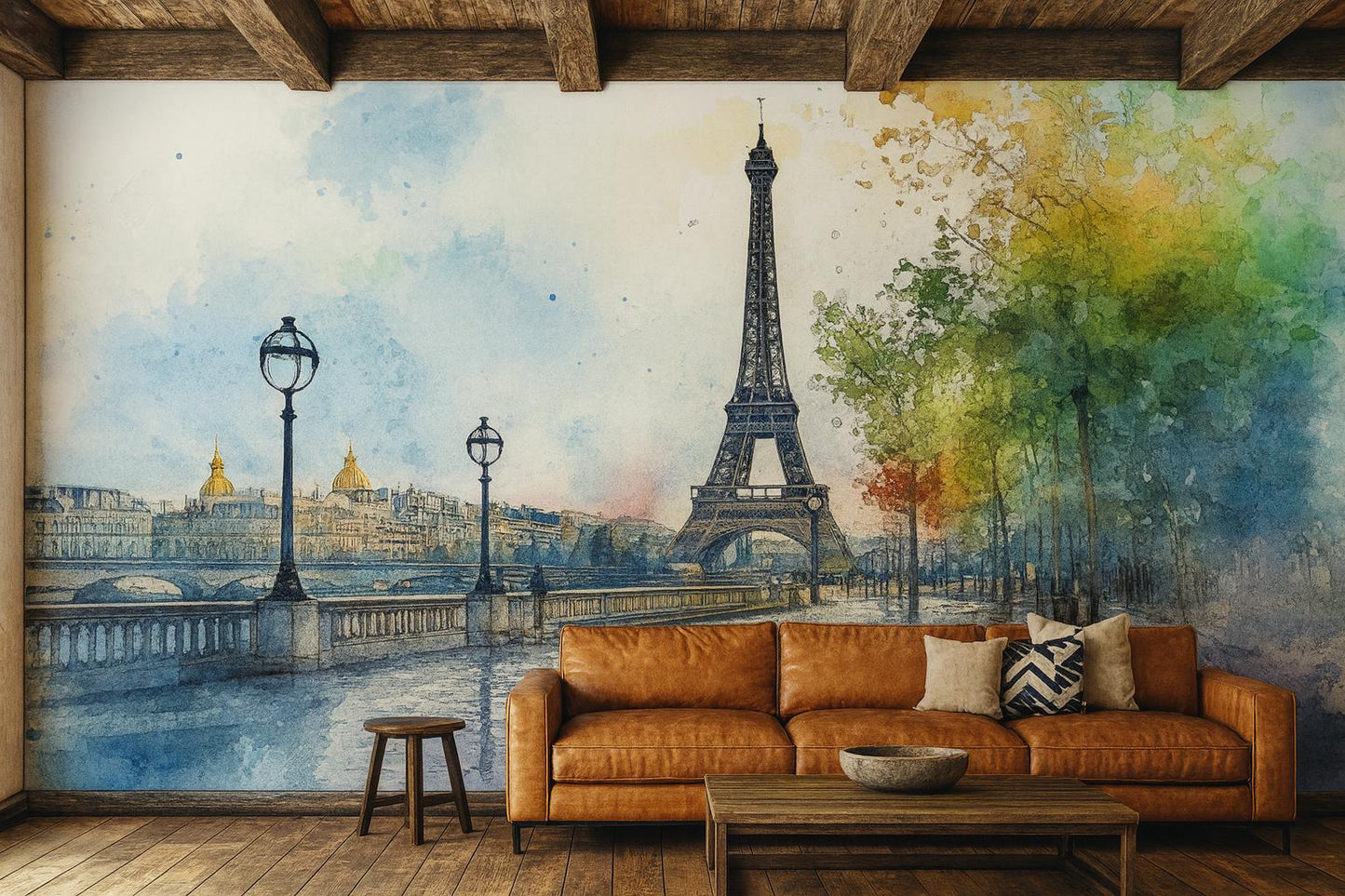 Eiffel Tower Wall Mural – Paris Watercolor Cityscape Wallpaper Vn928