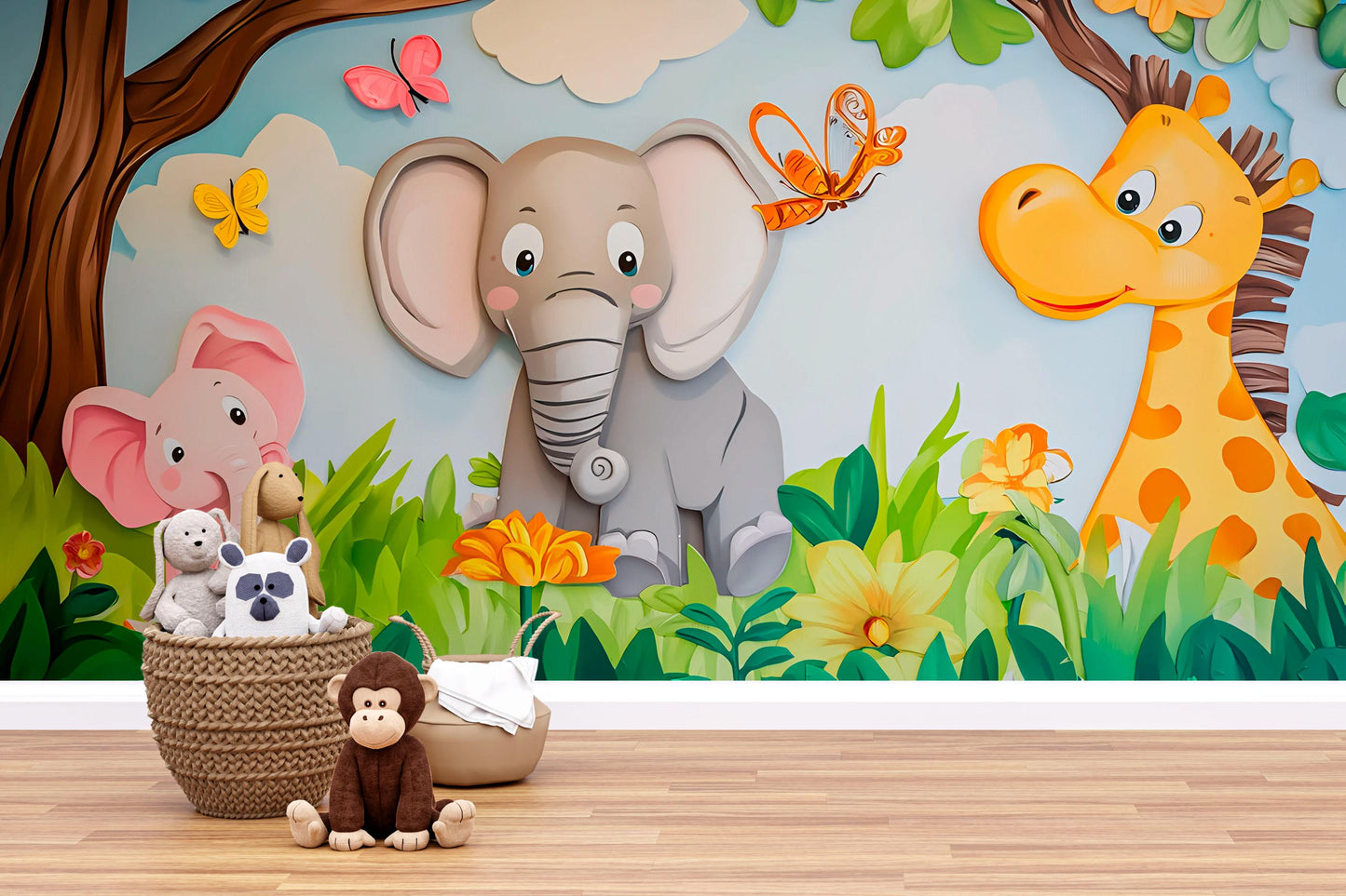 Jungle Safari Animal Wall Mural for Kids Room – Elephant Giraffe Cartoon Nursery Decor Vn616