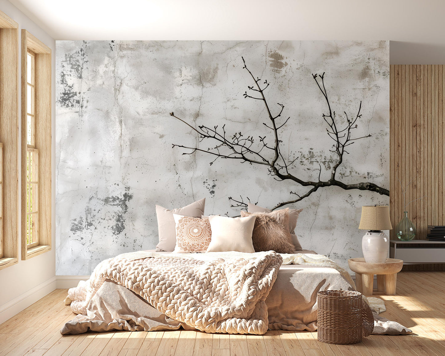 Japandi Wall Mural | Minimalist Tree Branch Concrete Wallpaper Vn1043