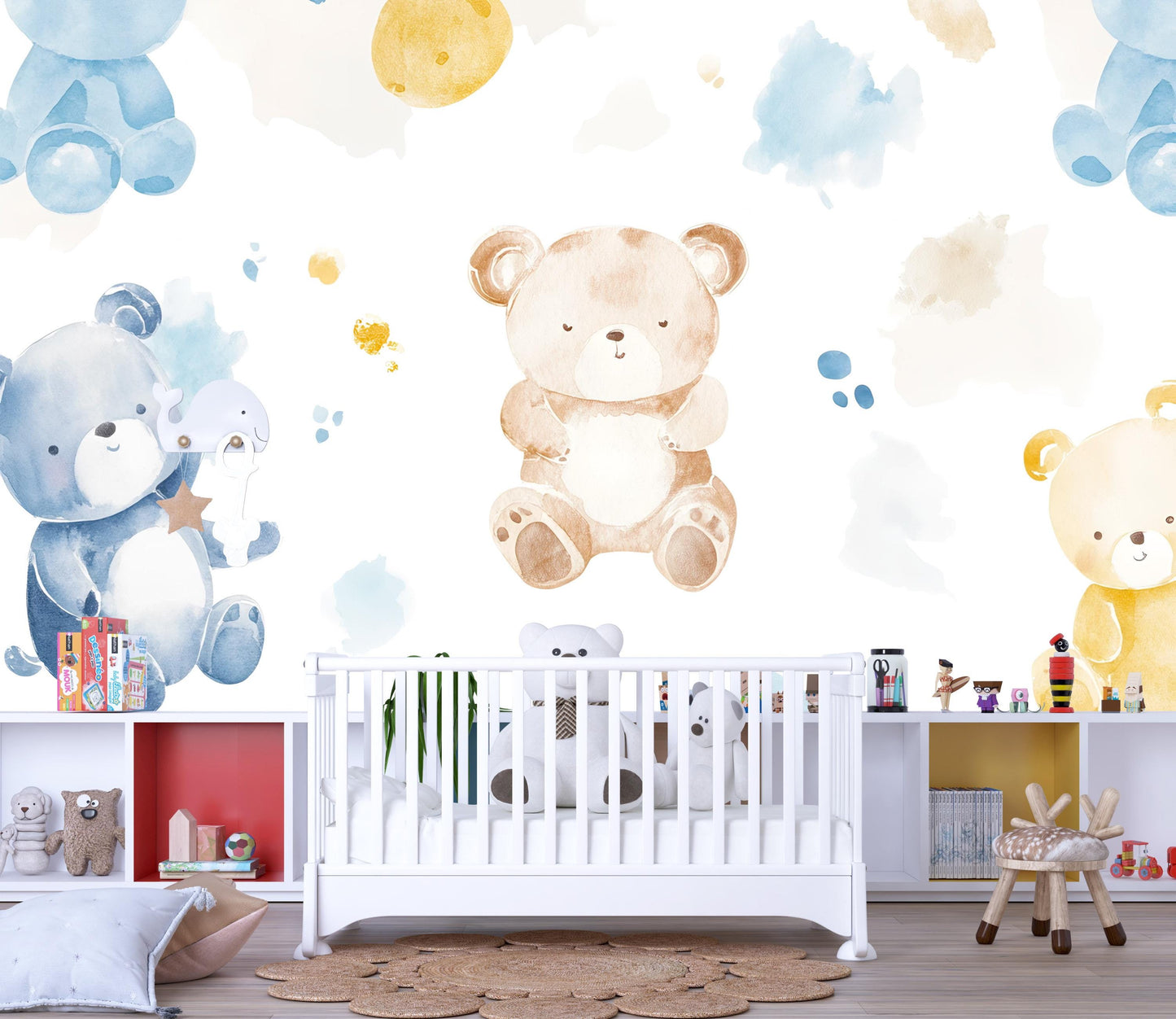 Watercolor Teddy Bear Wall Mural – Nursery Peel & Stick Wallpaper – Cute Animal Kids Room Décor – Gender Neutral Baby Wall Art Vn499