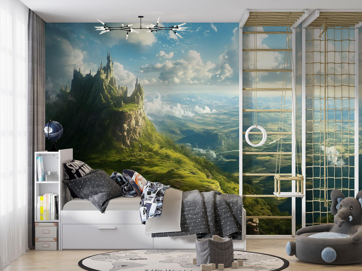 Fantasy Castle Wall Mural – Enchanted Kingdom Wallpaper, Magical Landscape Accent Wall for Kids Room or Bedroom Vn866