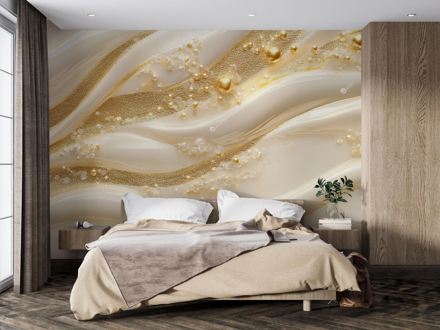 Luxury Gold Pearl Wave Wall Mural – 3D Elegant Cream and Gold Accent Wallpaper Vn776