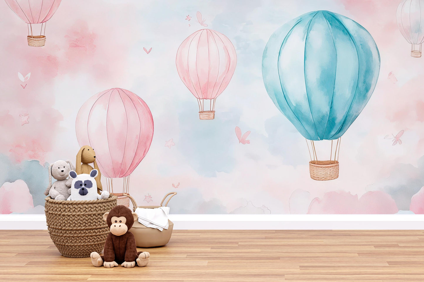 Hot Air Balloon Mural – Pink Blue Cloud Wallpaper Kids Nursery Wall Decor Vn996