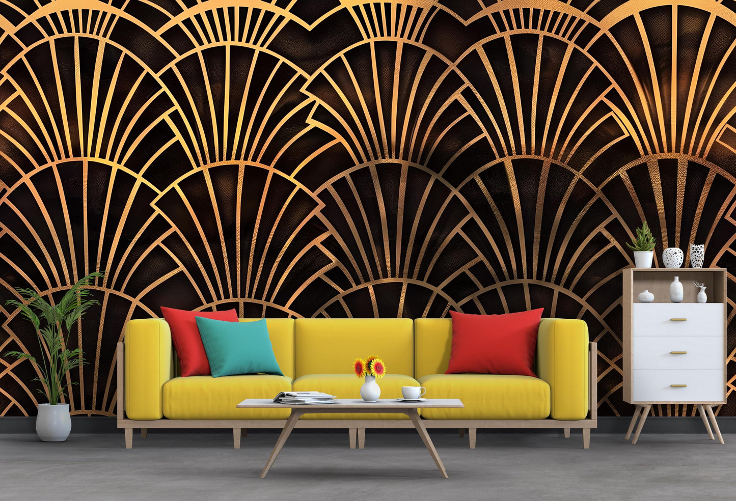 Art Deco Wall Mural – Luxury Gold Fan Pattern Wallpaper for Living Room, Bedroom, Office or Bar Decor Vn1086