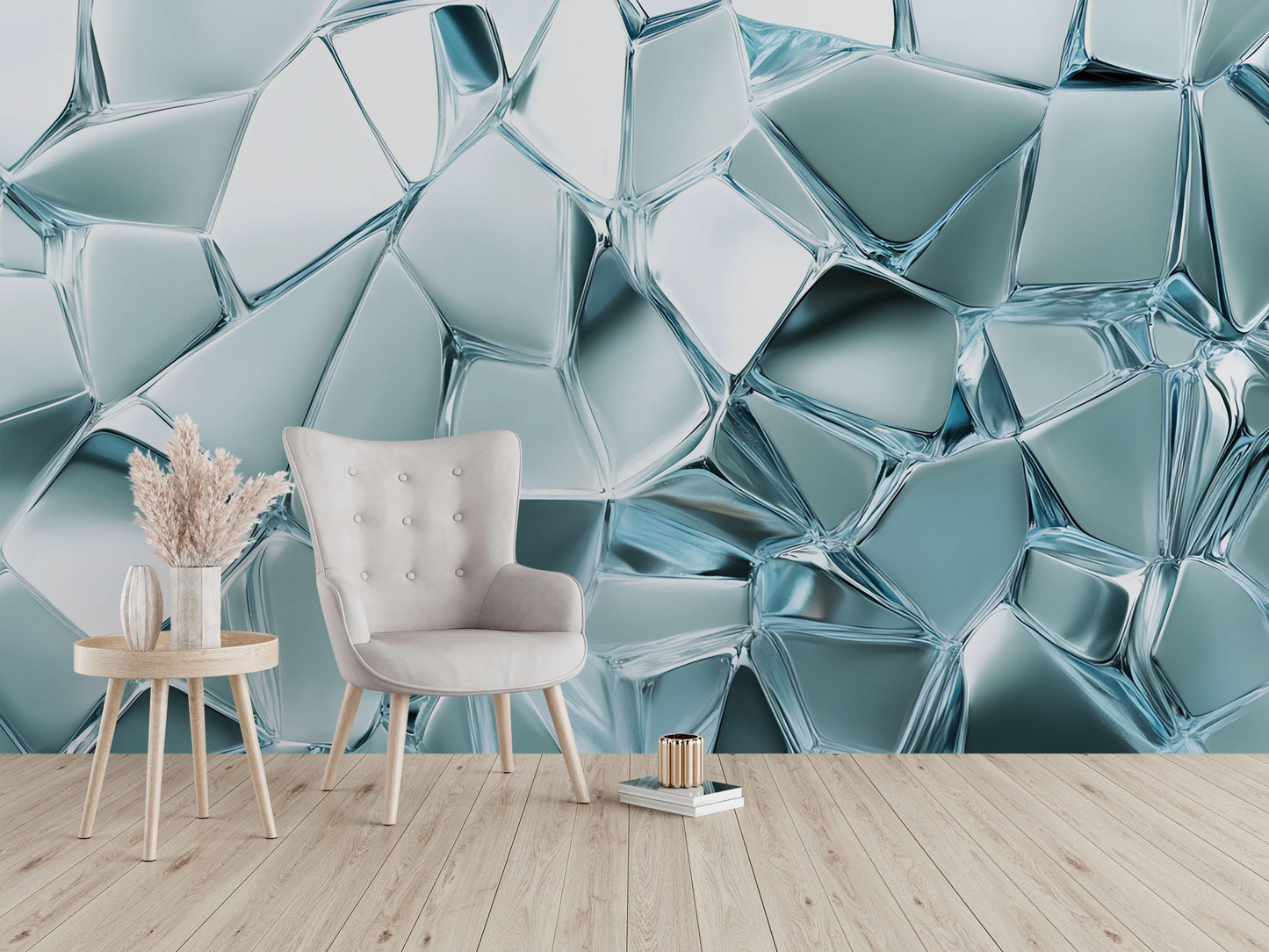 Abstract Glass Crystal Wall Mural – Modern 3D Ice Effect Wallpaper – Cool Blue Textured Accent Wall for Living Room or Office Vn656