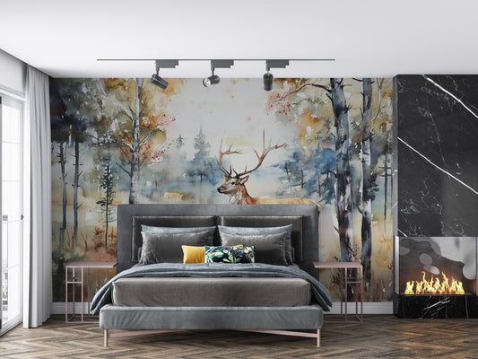 Watercolor Deer Forest Wall Mural – Woodland Wildlife Nature Wallpaper – Rustic Bedroom Art – Lodge Cabin Decor – Removable Vinyl Vn543