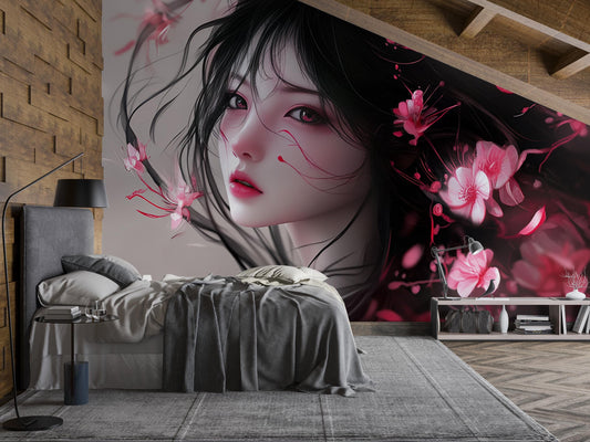 Anime Wall Art Girl with Flowers | Japanese Aesthetic Mural | Cherry Blossom Decor | Bedroom Accent Wallpaper Vn354