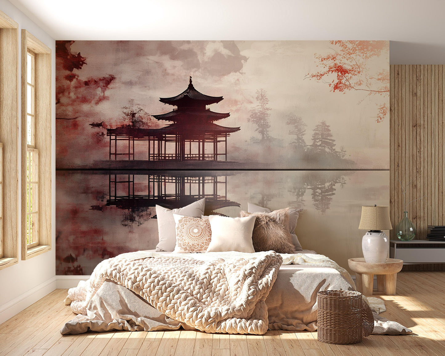 Zen Pagoda Wall Mural – Tranquil Asian Landscape Art for Bedroom, Serene Japanese Temple Decor, Removable Wallpaper Mural Vn490