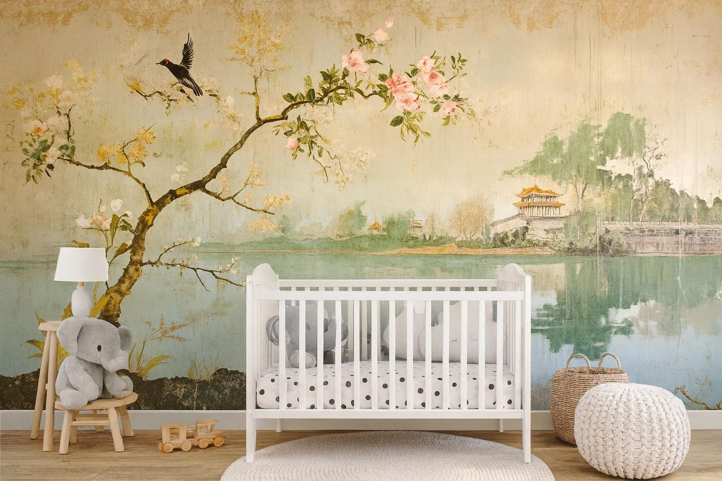 Oriental Landscape Wall Mural – Cherry Blossom Lake Wallpaper, Serene Asian Accent Wall for Nursery or Bedroom Vn859
