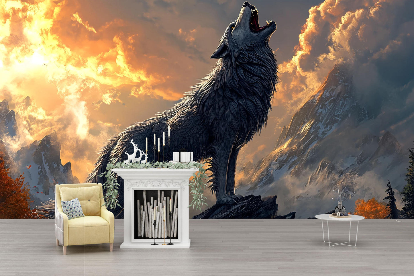 Howling Wolf Wall Mural - Mountain Sunset Forest Animal Art, Wilderness Nature Wallpaper for Living Room, Rustic Home Decor Vn599