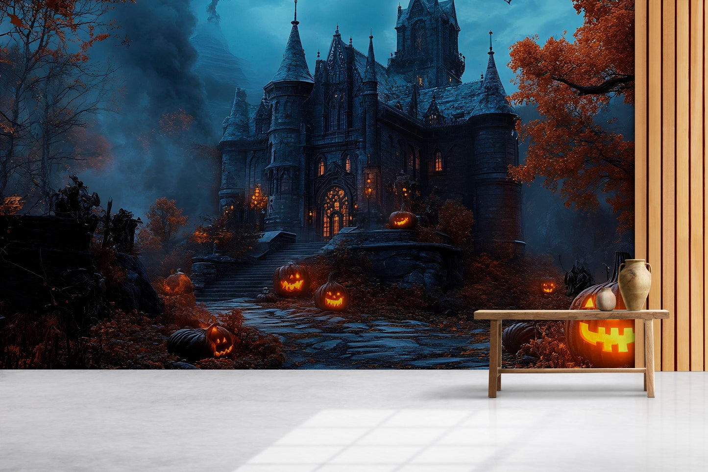 Haunted Castle & Jack-O’-Lantern Path Wall Mural – Gothic Halloween Décor Vn802