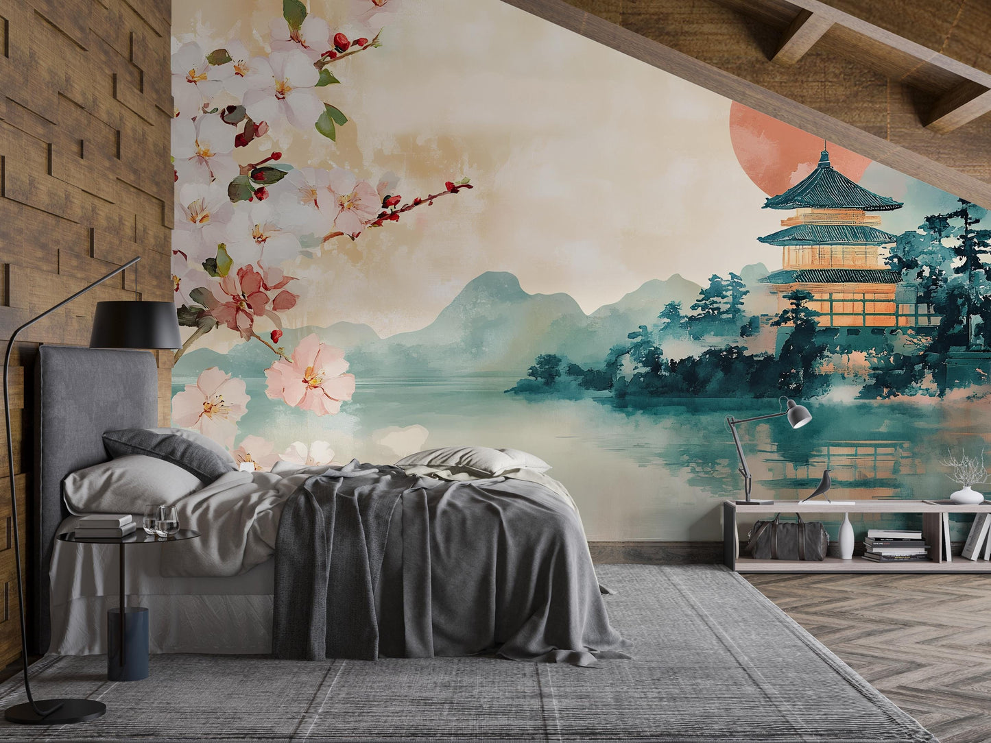 Japanese Wall Mural with Cherry Blossoms & Pagoda – Tranquil Nature Bedroom Wallpaper – Asian Landscape Wall Art Décor Vn488