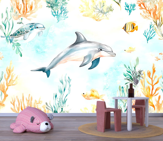 Dolphin Wall Mural – Ocean Nursery Wallpaper with Fish & Coral Reef Vn987