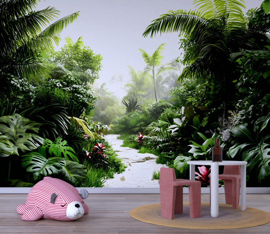 Jungle Wall Mural for Kids Room – Tropical Forest Wallpaper – Nursery Wall Decor – Realistic Nature Mural – Lush Greenery Vn045