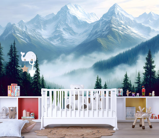 Mountain Nursery Wall Art Mural – Misty Forest Crib Backdrop – Gender Neutral Baby Room Decor – Scenic Wallpaper for Kids Room Vn096