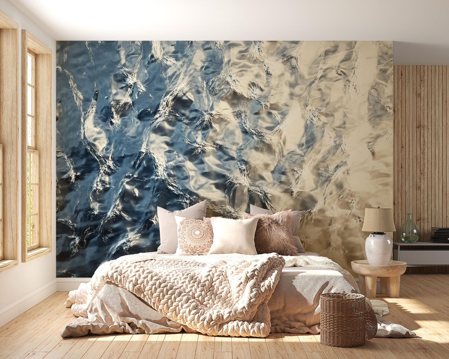 Abstract Ocean Ripple Wall Mural – Modern Blue Beige Water Texture Wallpaper for Bedroom or Living Room Decor Vn733