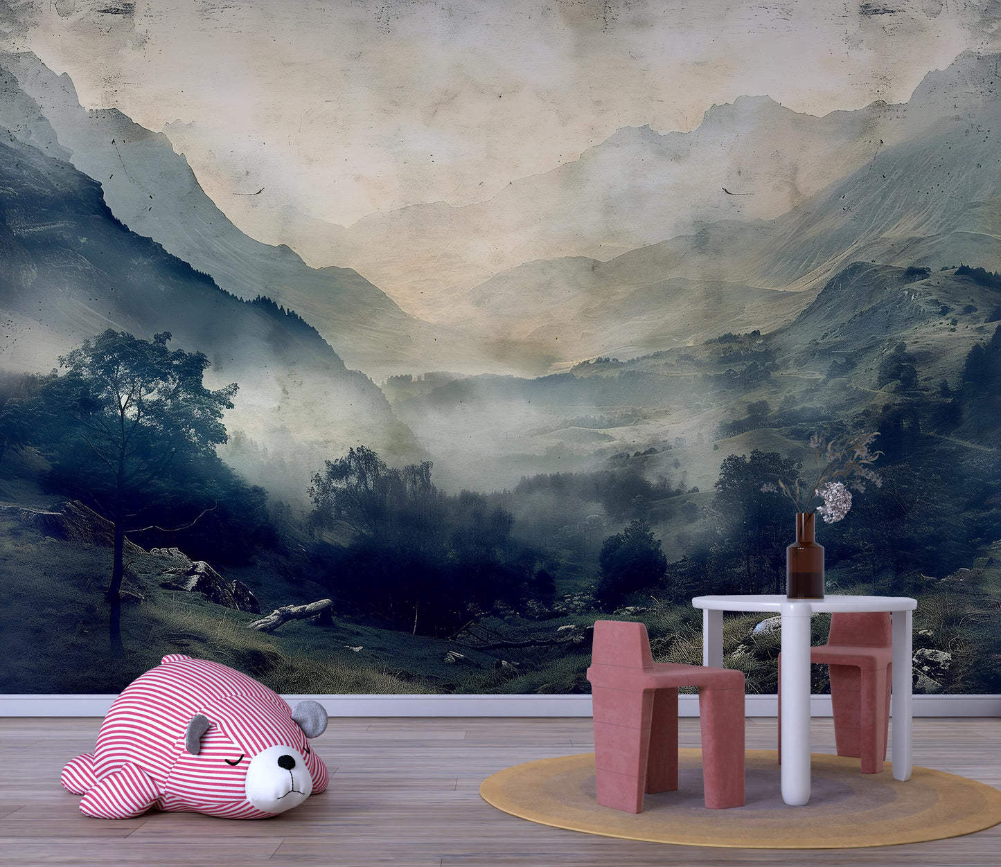 Misty Mountain Valley Wall Mural – Moody Foggy Forest Landscape Wallpaper Vn1009