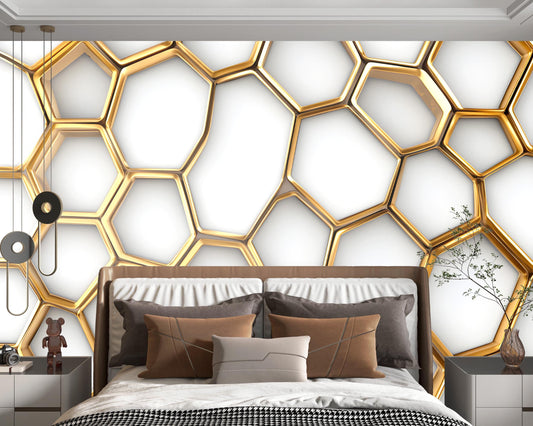 Luxury 3D Gold Honeycomb Wall Mural – Geometric Modern Bedroom Wallpaper – Elegant Hexagon Art Decor for Master or Guest Room Vn046