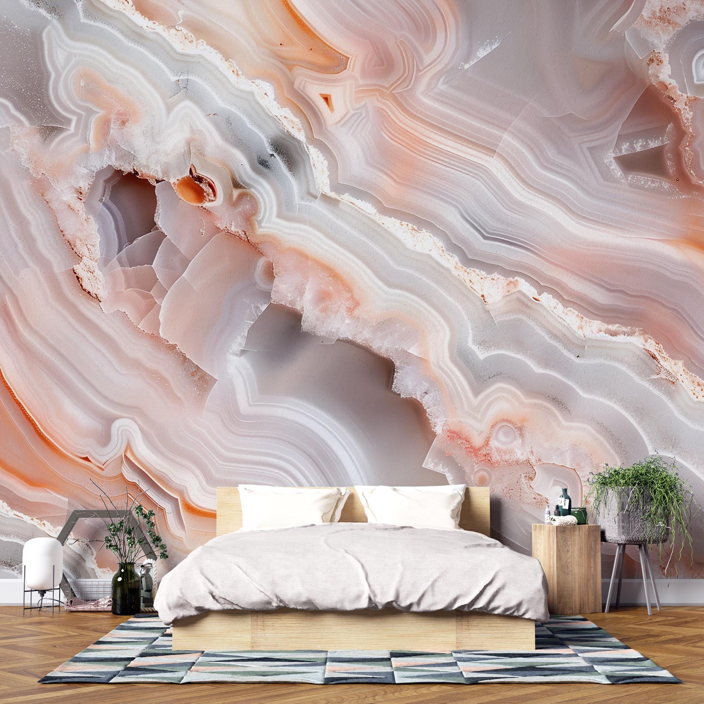 Peach Agate Wall Mural – Crystal Stone Pattern Wallpaper in Grey & Coral Tones Vn1091