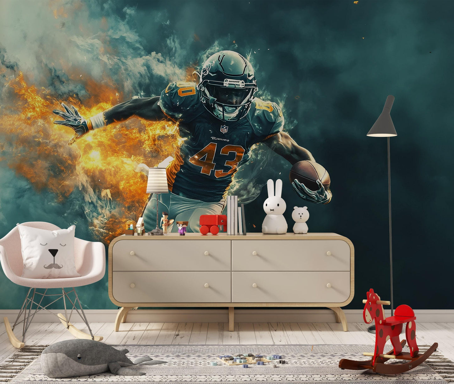 Football Player Wall Mural for Kids Room – Sports Theme Boys Room Decor – Dynamic Athlete Art Print – Removable Wallpaper Vn527