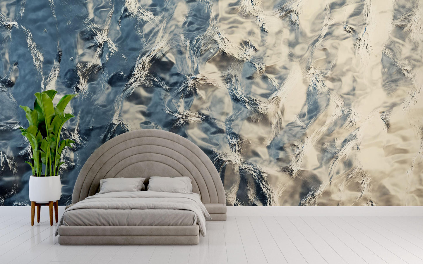 Abstract Ocean Ripple Wall Mural – Modern Blue Beige Water Texture Wallpaper for Bedroom or Living Room Decor Vn733