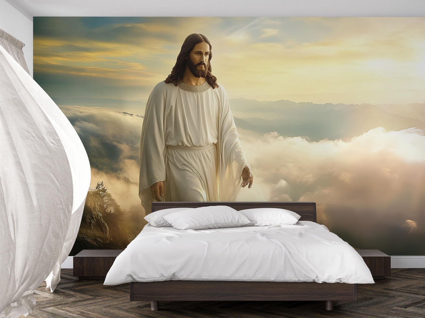 Heavenly Jesus Wall Mural – Christian Bedroom Decor, Religious Wall Art, Spiritual Interior Accent, Cloudscape Jesus Poster Vn611