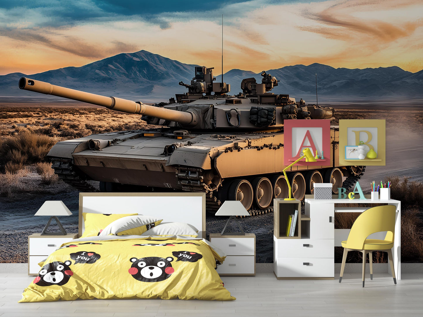 Tank Wall Mural for Boys Room - Military Themed Wallpaper - Cool Army Decor for Teen Bedroom - Desert Combat Scene Vn461