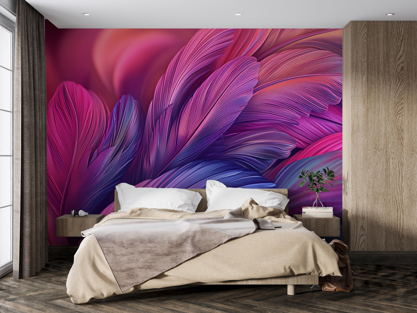 Large Boho Feather Wall Mural - Colorful Pink Purple Bedroom Wallpaper - Removable Peel and Stick Accent Wall Art Vn592