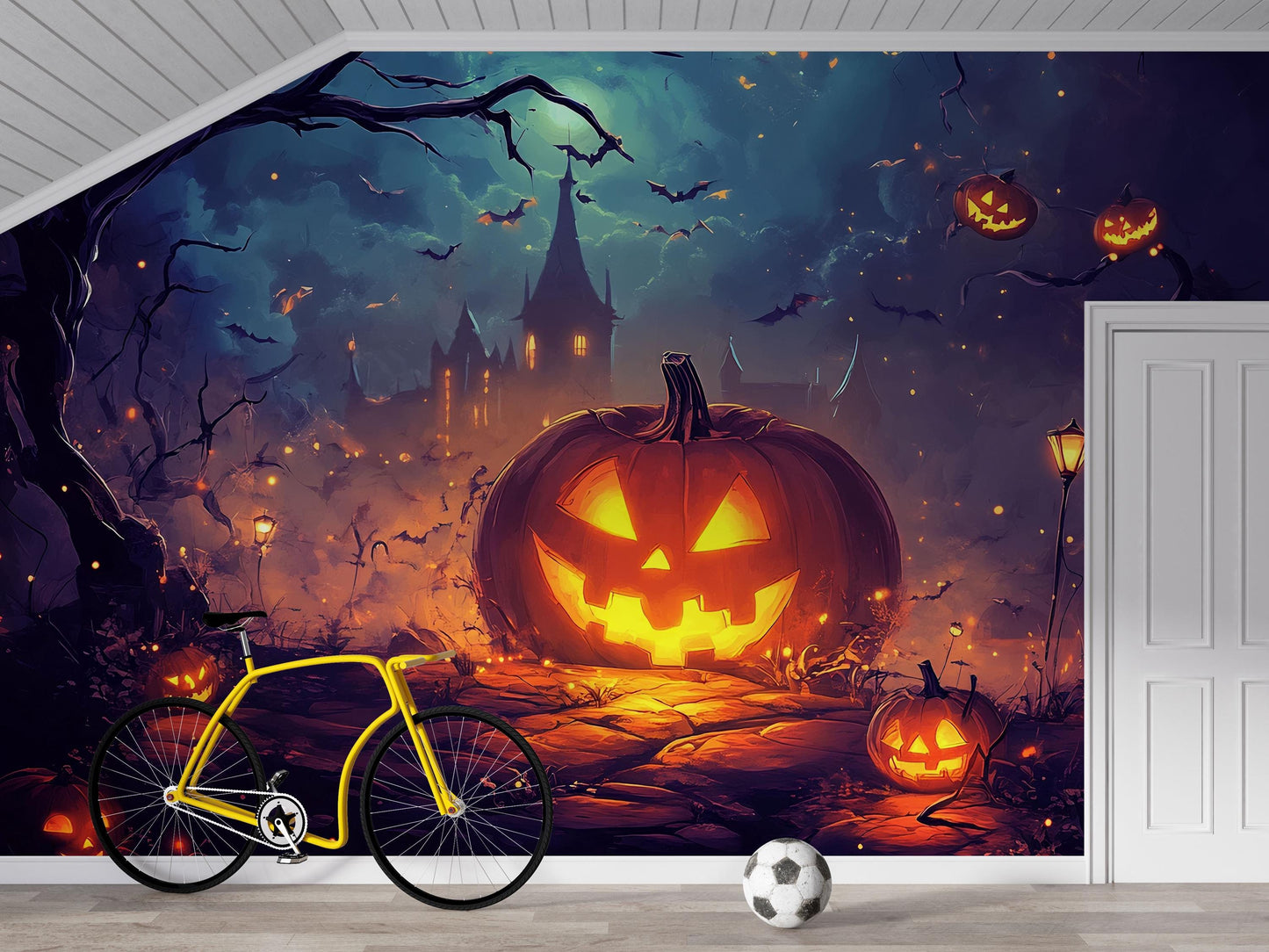 Halloween Pumpkin Wall Mural – Spooky Jack O’Lantern Night Scene Vn811