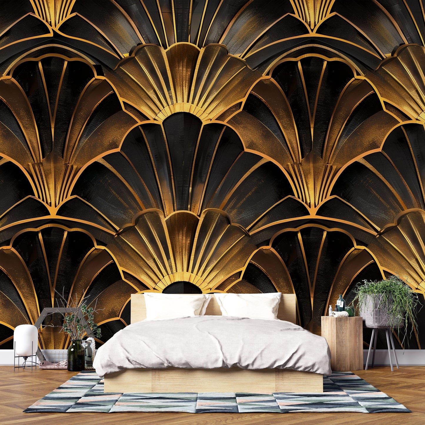 Art Deco Gold Wall Mural – Luxury Scallop Fan Pattern Wallpaper for Bedroom, Living Room & Office Decor Vn1087