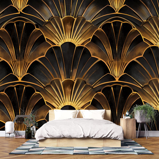 Art Deco Gold Wall Mural – Luxury Scallop Fan Pattern Wallpaper for Bedroom, Living Room & Office Decor Vn1087