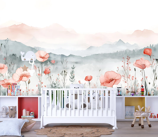 Floral Mountain Wall Mural for Kids Room – Watercolor Wildflower Nursery Wallpaper – Removable Botanical Wall Art Vn560