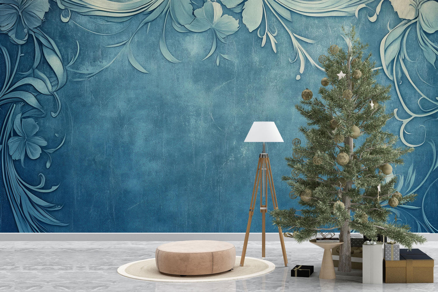 Teal Floral Scroll Wall Mural – Elegant Botanical Pattern Wallpaper for Living Room or Office Vn771