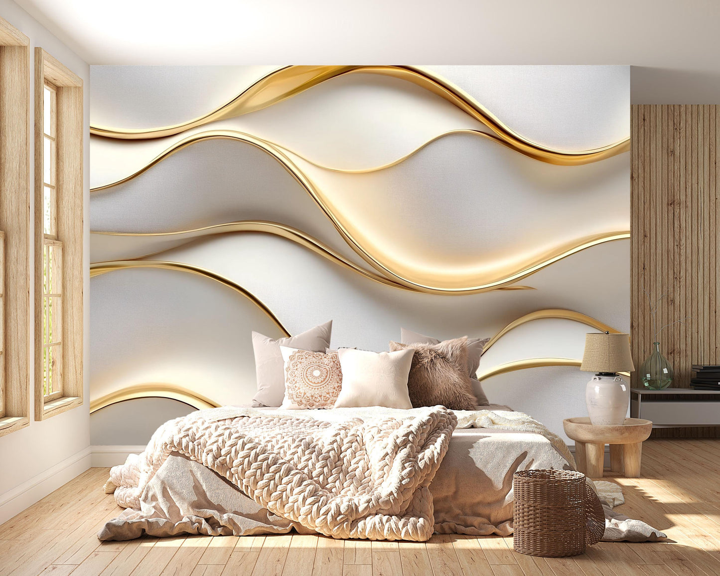 Luxury Gold Wave Wall Mural – Modern 3D Elegant Accent Wallpaper Vn773