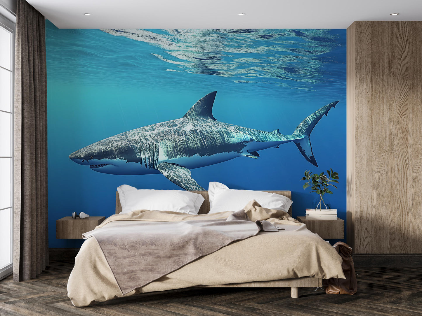 Great White Shark Wall Mural – Ocean Theme Bedroom Decor – Underwater Shark Wallpaper Vn386