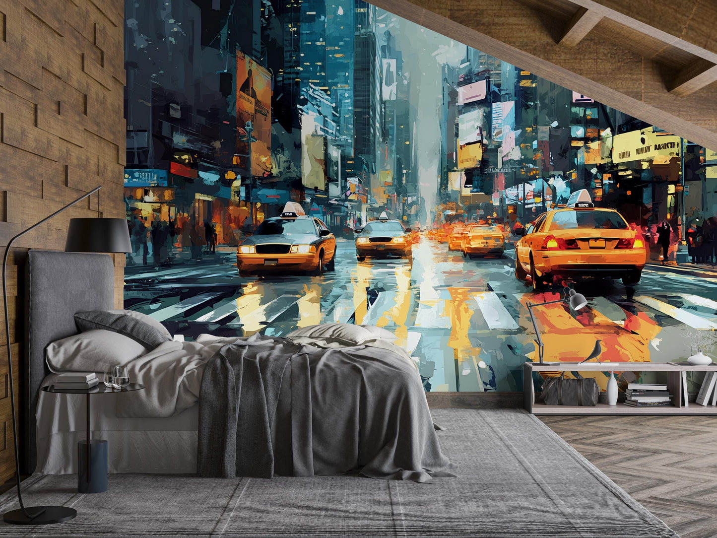 NYC Taxi Street Wall Mural – Urban Rain Cityscape Art for Bedroom or Loft Décor Vn368