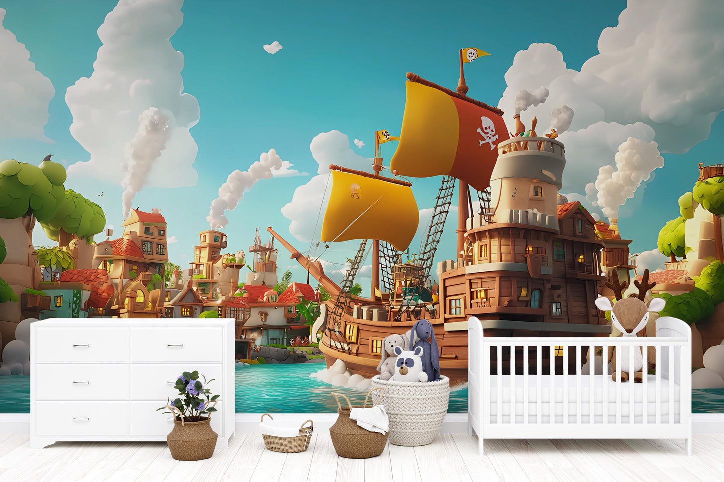 Pirate Ship Nursery Wall Mural, Ocean Adventure Wallpaper, Kids Pirate Room Decor Vn 304