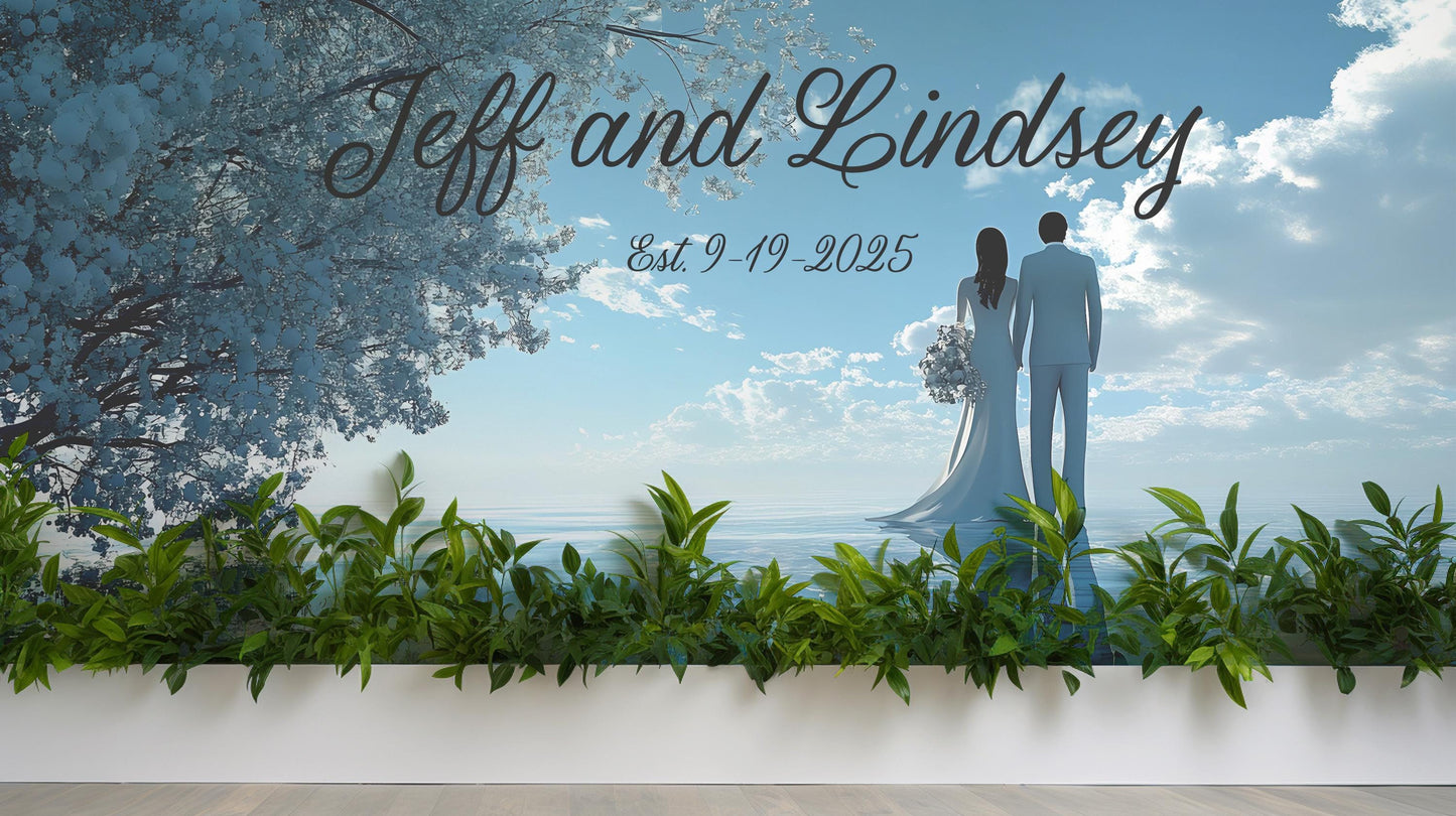 Custom Wedding Wall Art | Jeff and Lindsey Couple Name Sign | Romantic Beach Scene Mural | Established Date Anniversary Gift Decor Vn512